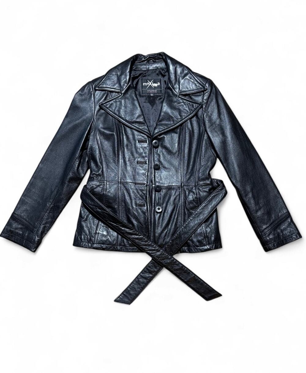 Maxima Wilsons Black Leather Belted Jacket Women’s Medium Genuine Leather M Y2K